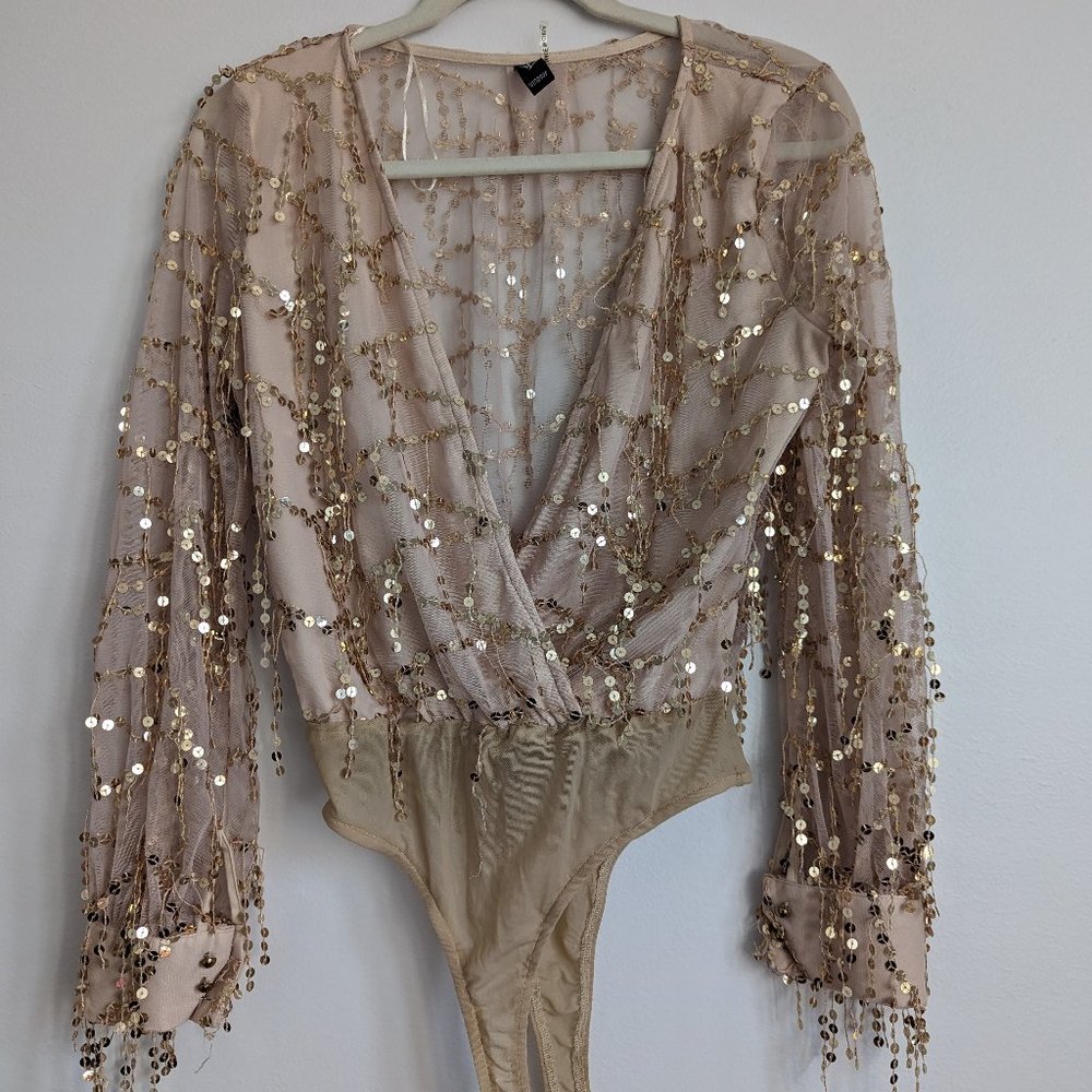 Vintage sequin golden body suite front cut